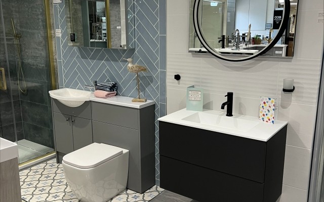 14 - Black Wall-hung Vanity Unit with a large LED Mirror in Croxley Plumbing Supplies Bathroom Showroom at Croxley Green, Rickmansworth