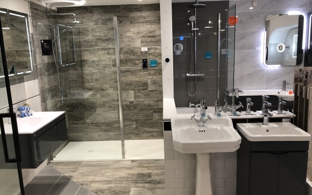 02 - Walk-in Shower Enclosure, Full Pedestal Basin & a Vanity Unit in Croxley Plumbing Supplies Bathroom Showroom at Croxley Green, Rickmansworth